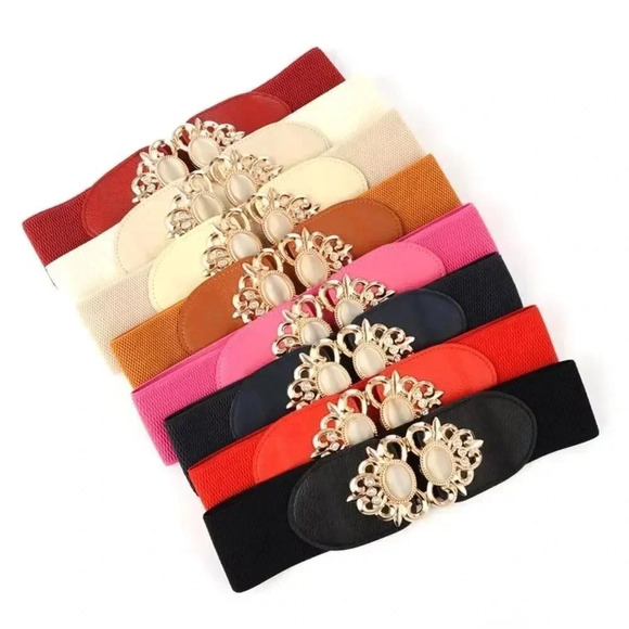 ATLAS High Quality Vegan Leather Embellished Elastic Belt CREAM - GOLD - Picture 2 of 3